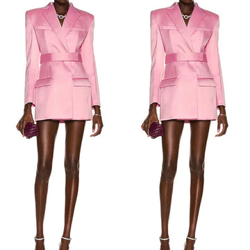 Hot Pink Women Blazer Dress Double Breasted Female Streetwear Sportswear One Jacket With Belt