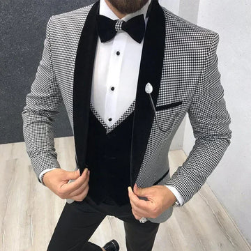 Houndstooth Men Suit Slim Fit For Dinner Prom 3 Piece Groom Wedding Tuxedo Best Male Fashion Costume Jacket With Pants Vest