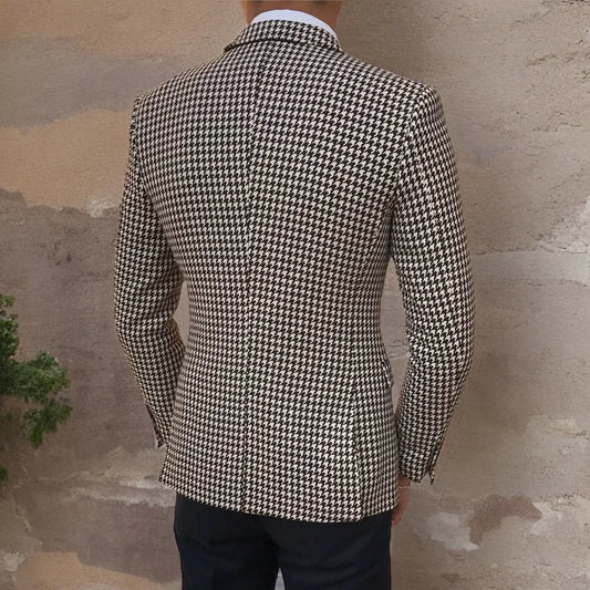 Houndstooth Plaid Blazer for Men One Piece Suit Jacket with 2 Side Slit Slim Fit Casual Male Coat Fashion Clothes