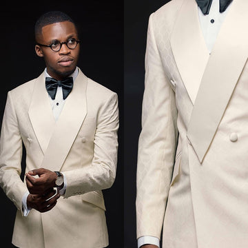 Ivory Men's Suit 2 Pieces Jacquard Blazer Pants One Button Satin Sheer Lapel Business Slim Fit Wedding Groom Costume Homme