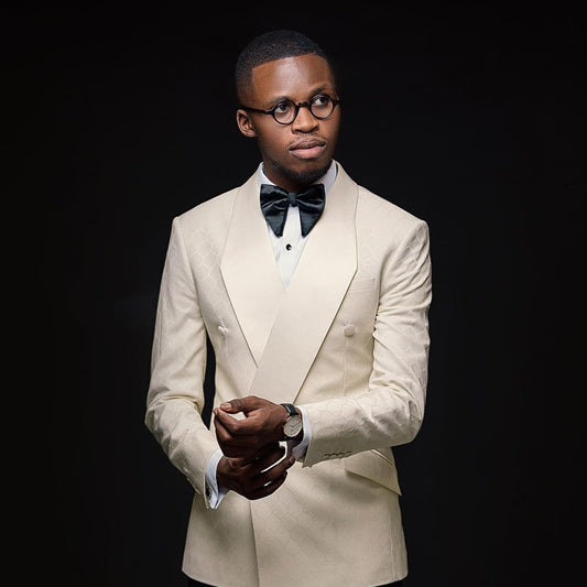 Costume homme ivoire 2 pièces jacquard blazer pantalon un bouton satin transparent revers affaires slim fit mariage marié costume homme