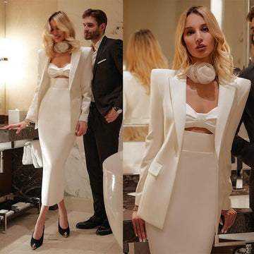 Ivory Women Dress Suits For Wedding High Waist Long Sleeve Evening Wear 2 Pieces