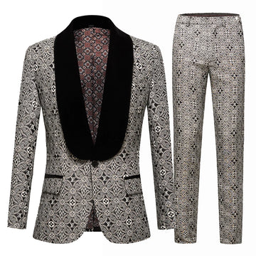 Smoking de marié blanc en jacquard, revers châle, costume pour homme, mariage, bal, meilleur homme, veste blazer avec pantalon, ensemble col noir