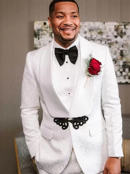 Costume 2 pièces en jacquard pour homme, blazer, pantalon, smoking, un bouton, satin, revers transparent, nœud, travail, mariage, marié, sur mesure