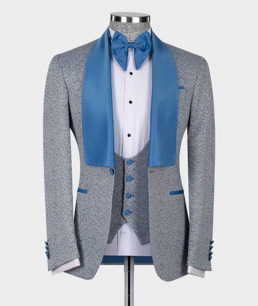 Costume 2 pièces en jacquard pour homme, blazer gris, gilet, un bouton, satin bleu, revers transparent, costume sur mesure pour mariage d'affaires