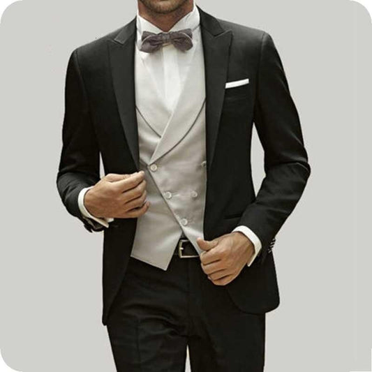 Trajes de hombre negros con solapa de pico, trajes de boda para hombre, trajes de novio ajustados, traje de baile, traje de graduación, chaqueta blazer de 3 piezas