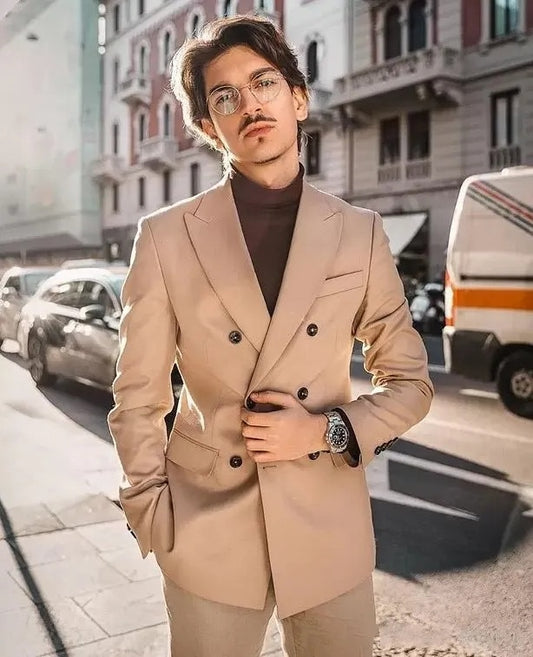 Costume kaki 2 pièces pour homme, blazer et pantalon croisés, revers en pointe, smoking, coupe slim, costume de mariage moderne pour homme