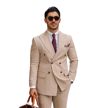Khaki Men's Suit 2 Pieces Blazer Pants Double Breasted Peaked Lapel Work Wear Wedding Groom Tailored Costume Homme