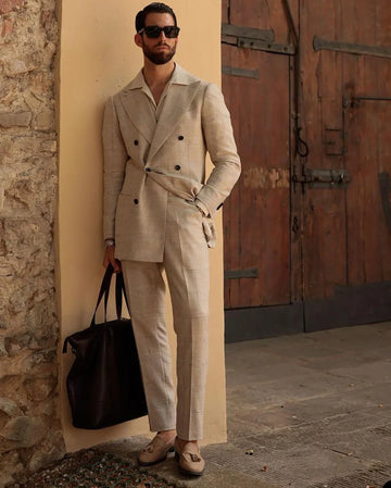 Traje a cuadros caqui para hombre, a medida, 2 piezas, blazer, pantalones, doble botonadura, alta costura, para boda, novio, negocios, casual, graduación, a medida.