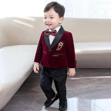 Toddler Boys Velvet Suit Blazer with Bow Tie and Pants Formal Wedding Outfit