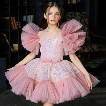 Girls Pink Tiered Tulle Dress with Sparkling Sequin Bodice and Ruffle Sleeves