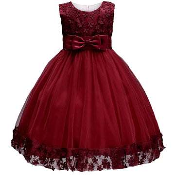 Sleeveless Burgundy Lace Flower Girl Dress with Bow and Floral Hem