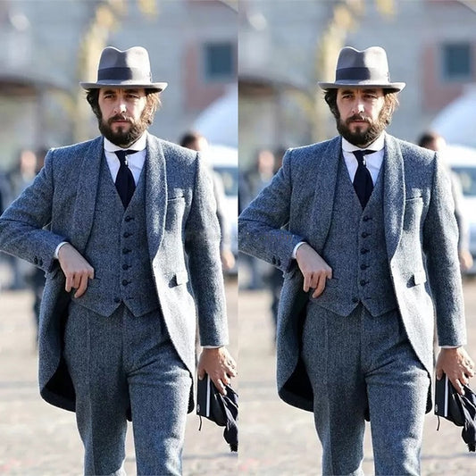 Costume 3 pièces en tweed à chevrons pour homme, grande taille, smoking de marié, costume de mariage formel