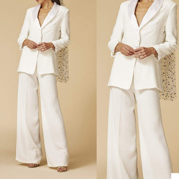 Costumes blazer ivoire pour femmes, pantalons larges, vêtements de travail, smoking pour mère de la mariée, tenue de bal, tenue de mariage 2 pièces