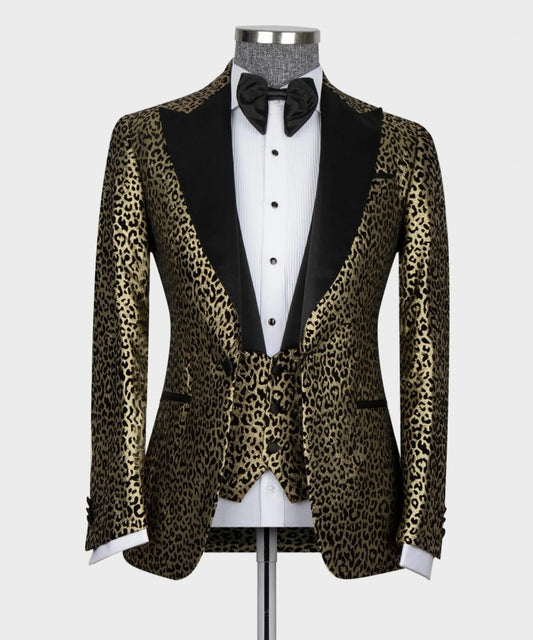 Costume 3 pièces imprimé léopard pour homme, blazer, gilet, pantalon, tenue de soirée, mariage, bal de promo, formel, doré et noir