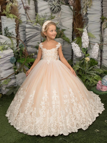 Robe de demoiselle d'honneur en dentelle avec appliques, robe de bal en tulle rose blush, tenue de soirée pour enfants