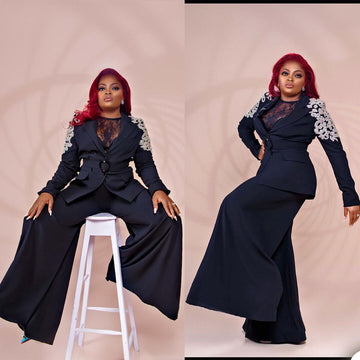 Women Suits Loose Wide Pants Celebrity Lady Party Prom Tuxedos Blazer Leisure Outfit (Jacket+Pants)