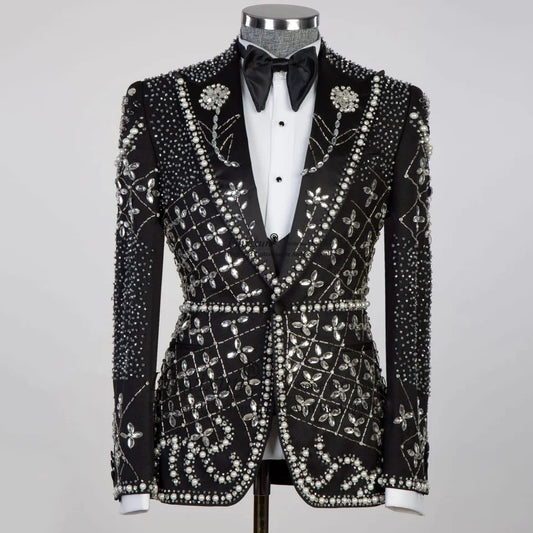 Trajes de hombre de lujo con cuentas de cristal, esmoquin de novio de corte entallado, conjuntos de 2 piezas, blazers de graduación para novio
