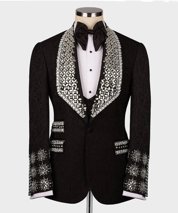 Luxury Beads Diamonds Sparkly 2 Pieces Blazer Vest Men Suits One Button Wide Lapel Formal Prom Wedding Groom Plus Size