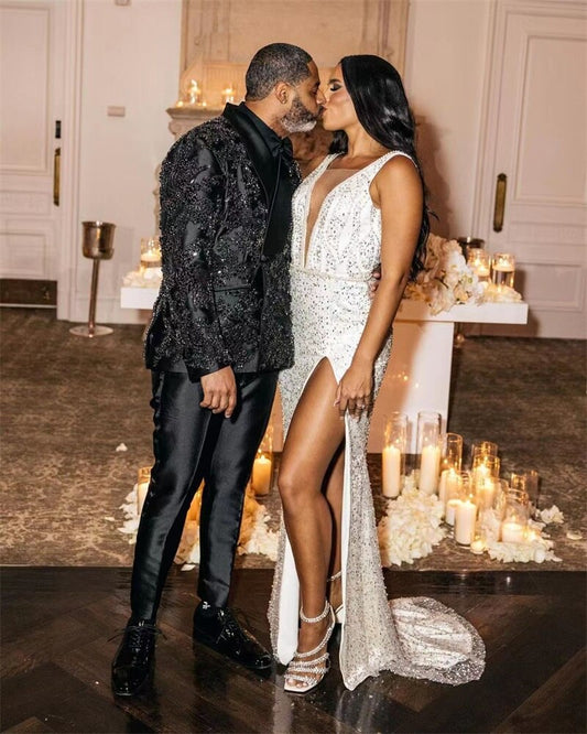 Luxury Black Men Suits Set For Wedding 2 Pcs Blazer+Pants Groom Tuxedo Appliqued Sequins Custom Made Formal Prom Jacket Coat