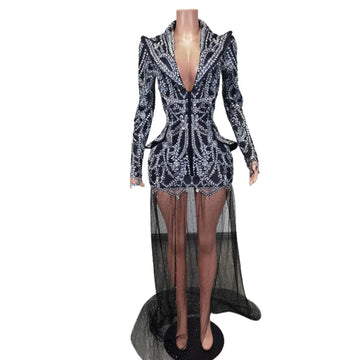 Elegante vestido blazer con cristales y falda transparente para mujer: un impresionante vestido de fiesta con diamantes de imitación, perfecto para bodas y eventos nocturnos.