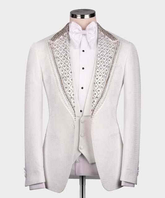 Esmoquin de boda de lujo de Dubái, traje formal blanco para novio, corte entallado, con cuentas de cristales, blazer, chaleco, pantalón, traje para boda, graduación y fiesta.