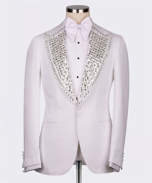 Costume de mariage de luxe pour homme, smoking blanc formel, coupe slim, avec cristaux et perles, blazer, gilet et pantalon, costume de bal arabe