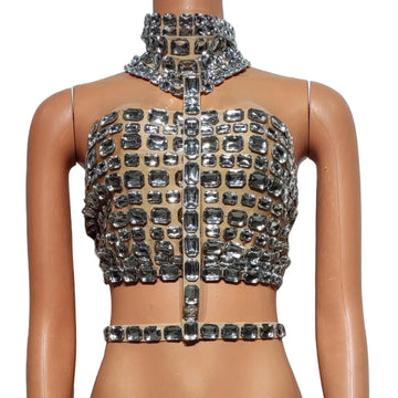 Sujetador corto con brillantes de diamantes de imitación para mujer, elegante corsé hueco para fiesta, perfecto para discotecas y bailes.