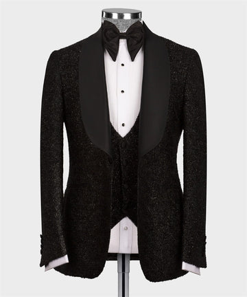 Esmoquin de boda de lujo con purpurina, traje formal negro para novio, 3 piezas, blazer, chaleco, pantalones, traje de fiesta de graduación para boda para hombre