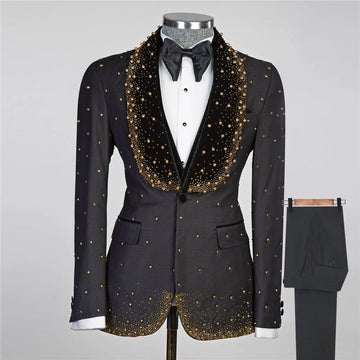 Luxury Gold Diamond Beading Suits Men For Wedding Tailored Made Man Business Party Groom Tuxedos Male Fashion Clothing 3 Piece