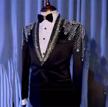Luxury Men Suits Shiny Beaded Diamond Crystals Wedding Groom Tuxedos Party Male Prom Blazers 2 Pieces Sets Slim Mens Clothing