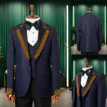 Luxury Men Wedding Suits Peaked Lapel Single Breasted Beaded Tuxedos Groom Evening 2 Psc Blazer Pants Custom Made