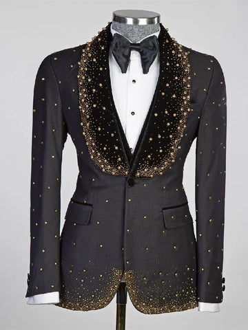 Trajes de lujo para hombre, a medida, de 3 piezas, chaleco negro, pantalón, un botón, solapa ancha de terciopelo, cuentas, perlas, diamantes, talla grande.