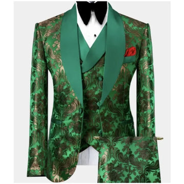 Trajes de lujo para hombre, conjunto de 3 piezas, esmoquin verde con estampado floral para boda, padrino de boda, chal con solapa, chaqueta, chaleco y pantalón para fiesta de graduación.