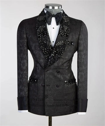 Metal Embellished Men SuitsPeaked Lapel Groom Tuxedos 2 Pieces Sets Party Prom Blazer Slim Fit Beadeds Costume Homme