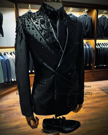 Elegante chaqueta de esmoquin negra con cuentas para hombre | Conjunto de blazer cruzado de lujo para boda | Traje elegante para novio y graduación