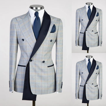 Elegante esmoquin a cuadros cruzado para hombre, chaqueta con solapa de pico, traje de boda entallado, hecho a medida para novios y eventos empresariales.