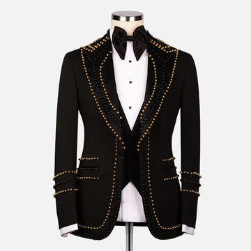 Costume de mariage de luxe noir pour homme, costume formel avec cristaux dorés, blazer, gilet, pantalon, sur mesure, pour bal de promo