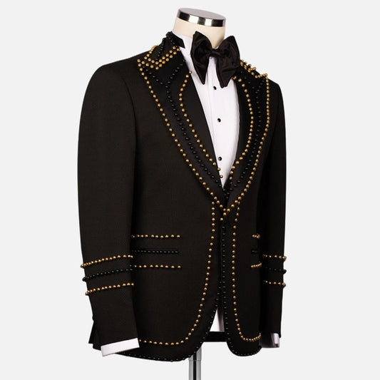 Esmoquin de boda de lujo, traje formal negro para novio, trajes para hombre con cristales dorados, ropa de negocios, blazer, chaleco, pantalones, traje a medida para fiesta de graduación.