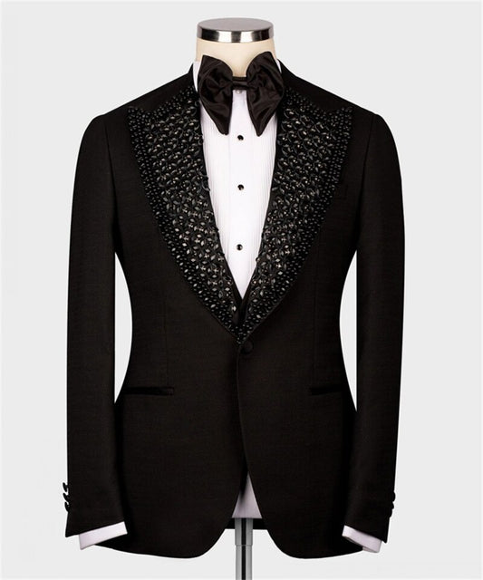 Esmoquin de boda de lujo negro formal para novio, traje de hombre ajustado con cristales y cuentas, blazer, chaleco y pantalón, traje de fiesta de graduación a medida