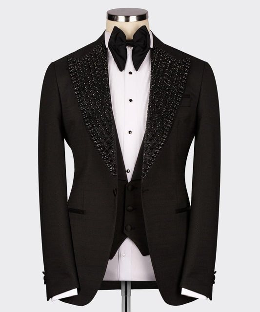 Esmoquin de boda de lujo negro formal para novio, traje de corte entallado con cuentas de cristales, blazer, chaleco y pantalón para hombre, traje de fiesta de graduación a medida
