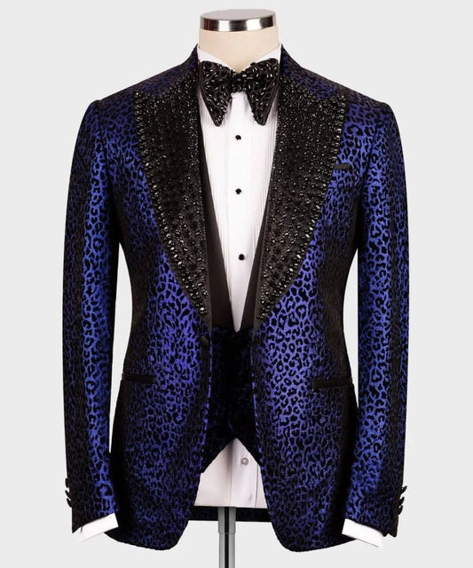 Esmoquin de boda de lujo con estampado de leopardo, traje formal para novio, corte entallado, con cristales y cuentas, blazer con solapas y pico, traje para fiesta de boda, 3 piezas