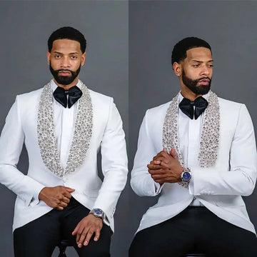 Trajes blancos de lujo para hombre, con cuentas de cristal, corte entallado, esmoquin para novio de boda, solapa chal, conjunto de chaqueta de negocios, 2 piezas, chaqueta y pantalón.