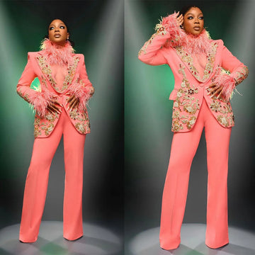 Smoking de mariage de luxe pour femme, 2 pièces, sur mesure, avec paillettes, appliques, plumes, blazer, pantalon taille haute