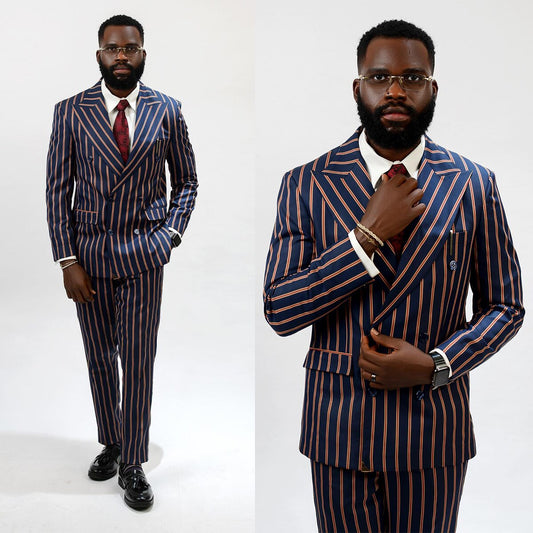 Costume de luxe pour homme, 2 pièces, blazer et pantalon, croisé, revers en pointe, rayures, formel, mariage, marié, sur mesure