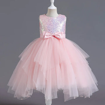 Girls Pink Sleeveless Sequin Top Tulle Skirt Party Dress with Bow Details