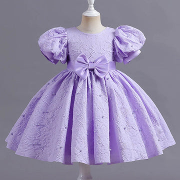 Robe lilas à manches bouffantes et nœud papillon en dentelle florale pour fille