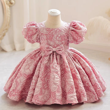 Robe rose à fleurs et manches bouffantes avec nœud pour bébé fille