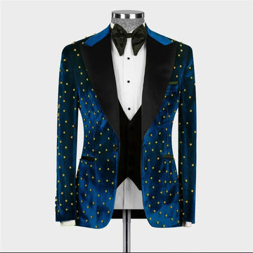 Trajes de terciopelo para hombre con perlas doradas hechas a mano, esmoquin de novio para boda, solapa de pico negra, conjunto de 3 piezas de blazer formal para graduación.