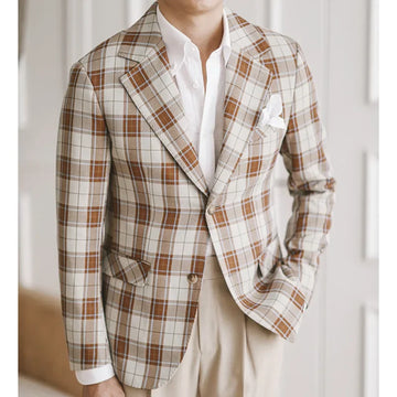 Blazer a cuadros marrón y blanco para hombre, chaqueta informal de dos botones y botonadura sencilla